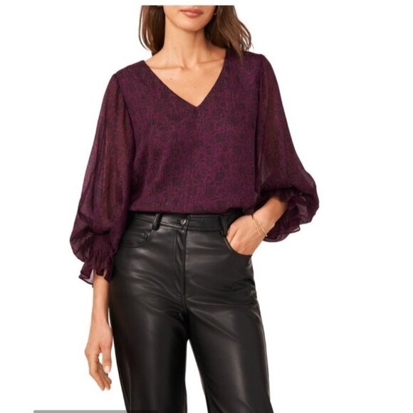 Halogen Metallic Balloon Sleeve Blouse Size XS V Neck Sheer Sleeve NWT Purple - Picture 1 of 14